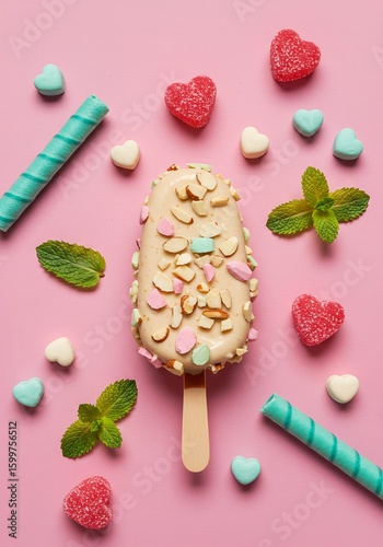 Delightful Treats: An Ice Cream Bar Surrounded by Colorful Candy, Sweet Indulgence: Creamy Ice Cream Bar with Almonds, Mint, and Candy Hearts