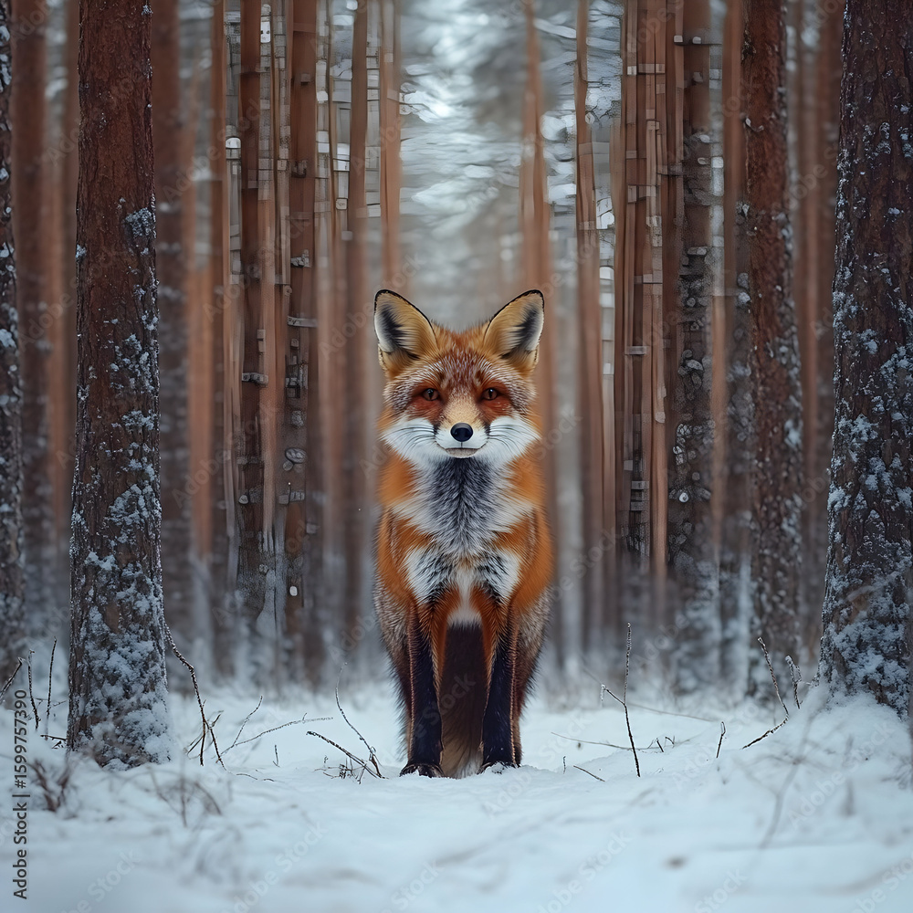 Obraz premium Red fox standing in a snowy forest