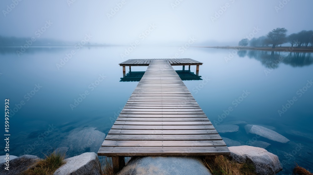 Obraz premium Wooden dock stretching into a foggy lake with still reflective water and a soft minimal horizon in tranquil morning light, Generative AI