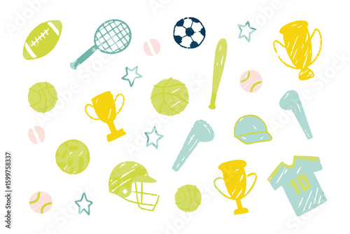 Sports Doodle: A playful collection of hand-drawn sports equipment and trophy illustrations, evoking a sense of fun and engagement, designed for versatile applications.