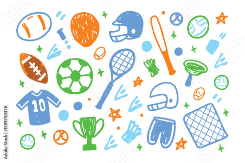 Sports Equipment Doodle: A colorful assortment of hand-drawn sports equipment, capturing the spirit of athletic competition and recreation.