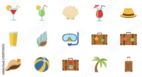 Collection of Summer and Travel Themed Flat Icons and Symbols on Black Background