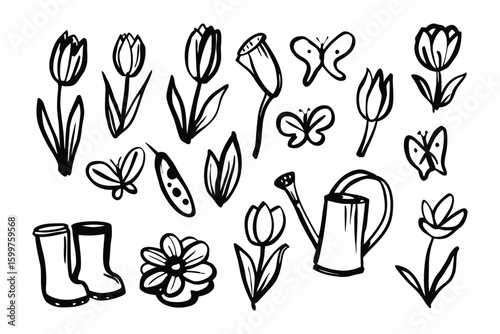 Floral Flourish: A curated collection of elegant line-art illustrations, featuring a symphony of tulips, butterflies, and a watering can, echoing the serene essence of spring. 