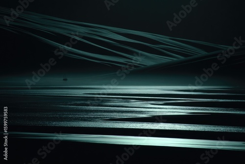 Dark teal dunes meet a misty lake