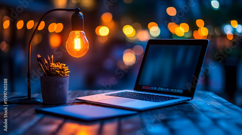 Laptop and desk lamp on a wooden table at night.