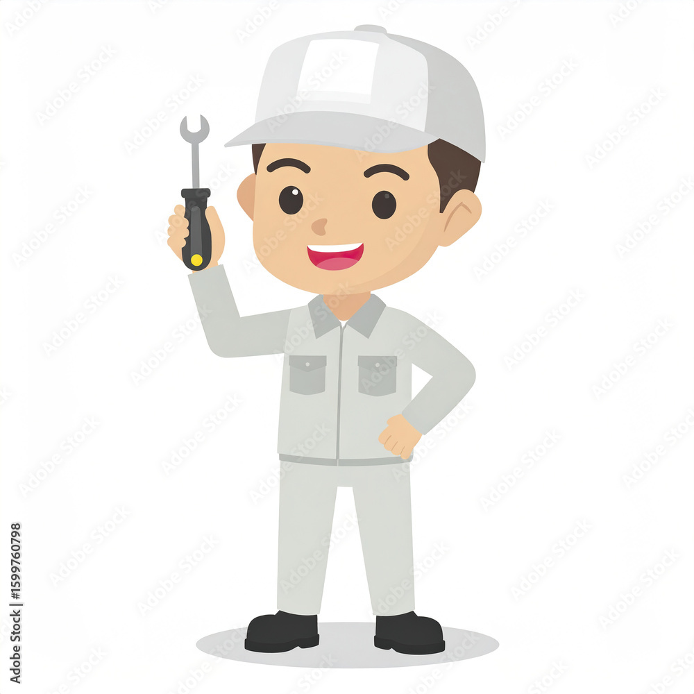 Cartoon mechanic character smiling and holding wrench wearing gray uniform and cap isolated on white background Cartoon mechanic character smiling and holding wrench wearing gray uniform and cap isolated on white background