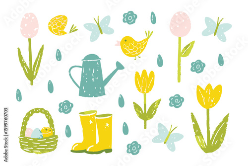 Springtime Garden Elements: A charming illustration of springtime garden elements, including watering can, wellington boots, eggs in basket, tulips, butterfly, bird, flower.