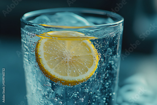 Lemon slice in a glass of ice water