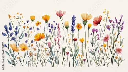 Beautiful seamless floral water color pattern Set, watercolor wild flowers, leaves and grass,Collection botanic garden elements, isolated illustration in rustic or vintage style,copy space.