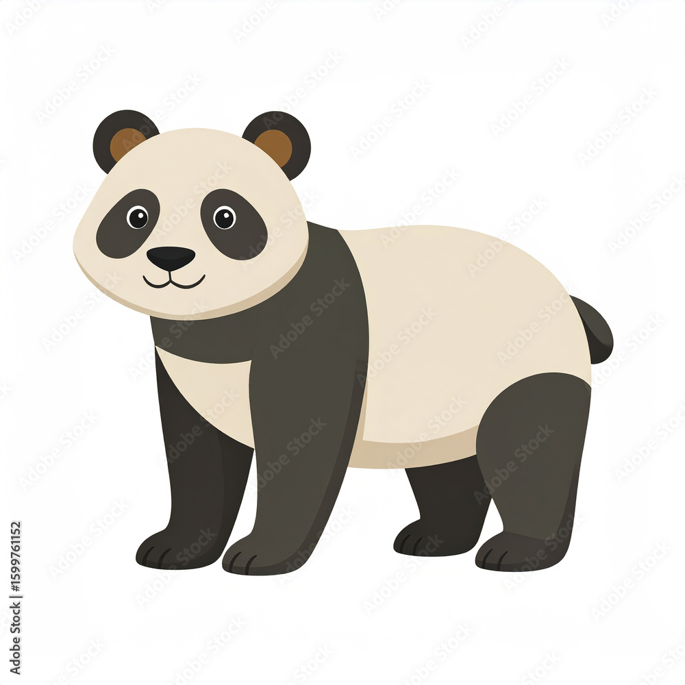 Naklejka premium Cute cartoon panda with black and white fur standing on all fours, showing friendly expression with big eyes and small smile on white background