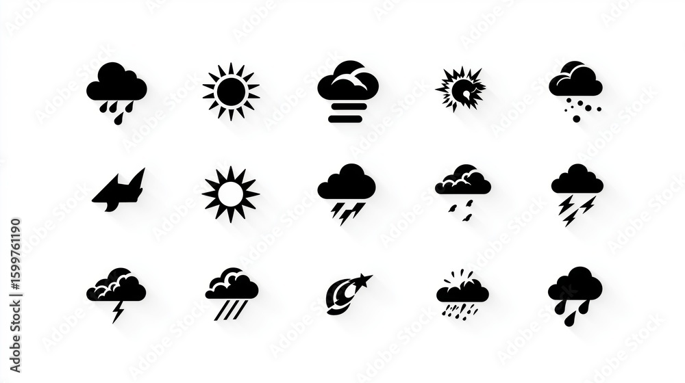 Obraz premium Set of black weather icons showing sun, clouds, rain, thunder, and varied forecast symbols with clean flat design and shadow effects, Generative AI