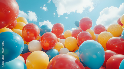 Many colorful balloons outdoors on a sunny day.