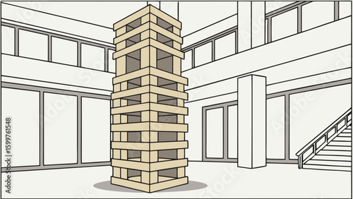 Illustration of a tall jenga tower in a bright modern building with large windows and stairs near by