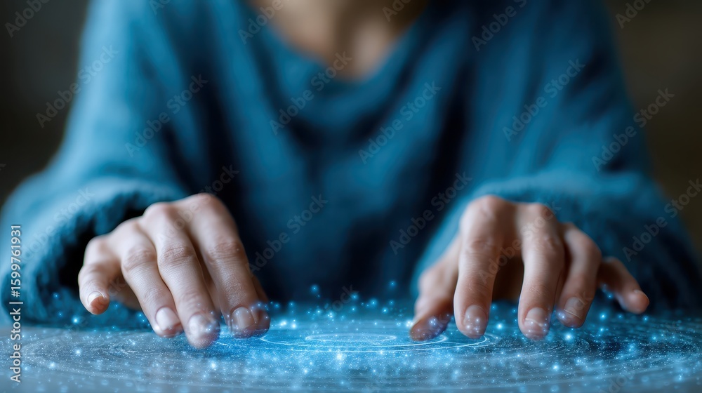 Hands interacting with a glowing surface, creating a magical effect. Hands interacting with a glowing surface, creating a magical effect.