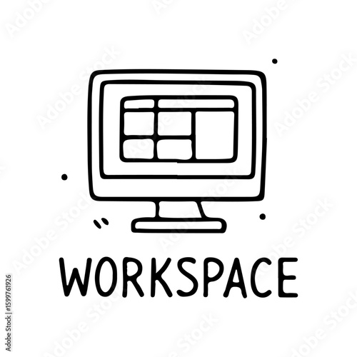 Minimalist vector line-art illustration of a computer workspace with UI layout. Ideal for productivity, office setups, UI/UX design previews, remote work concepts, and corporate presentations