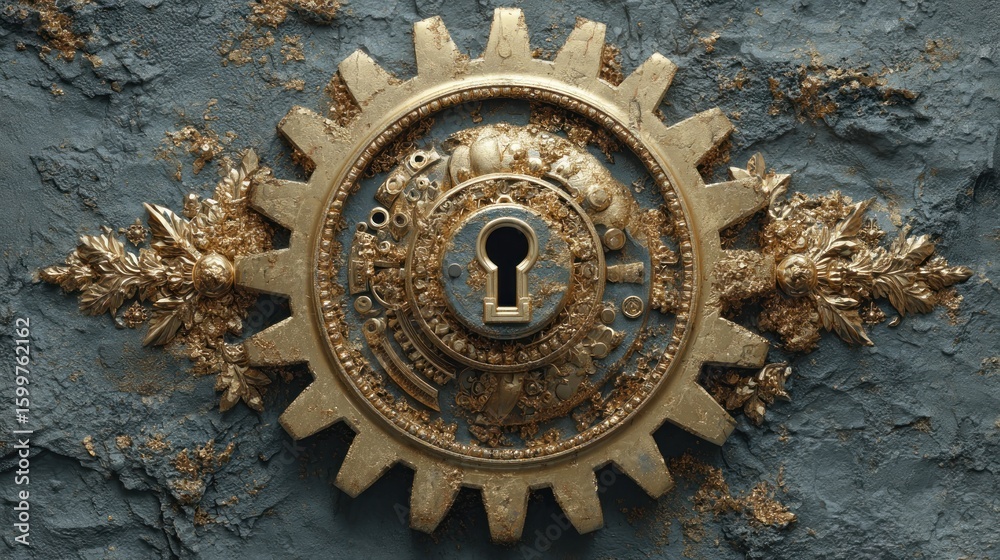 Fototapeta premium Golden Gear Keyhole Mystery: A Steampunk Enigma