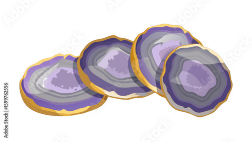 A group of four purple and gray agate slices with gold trim arranged in a row on white background