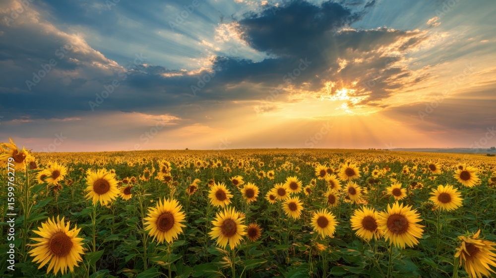 Obraz premium A vast field of sunflowers stretches under a vibrant sunset sky filled with clouds. Sunlight breaks through, creating a stunning display of colors over the blooming flowers.