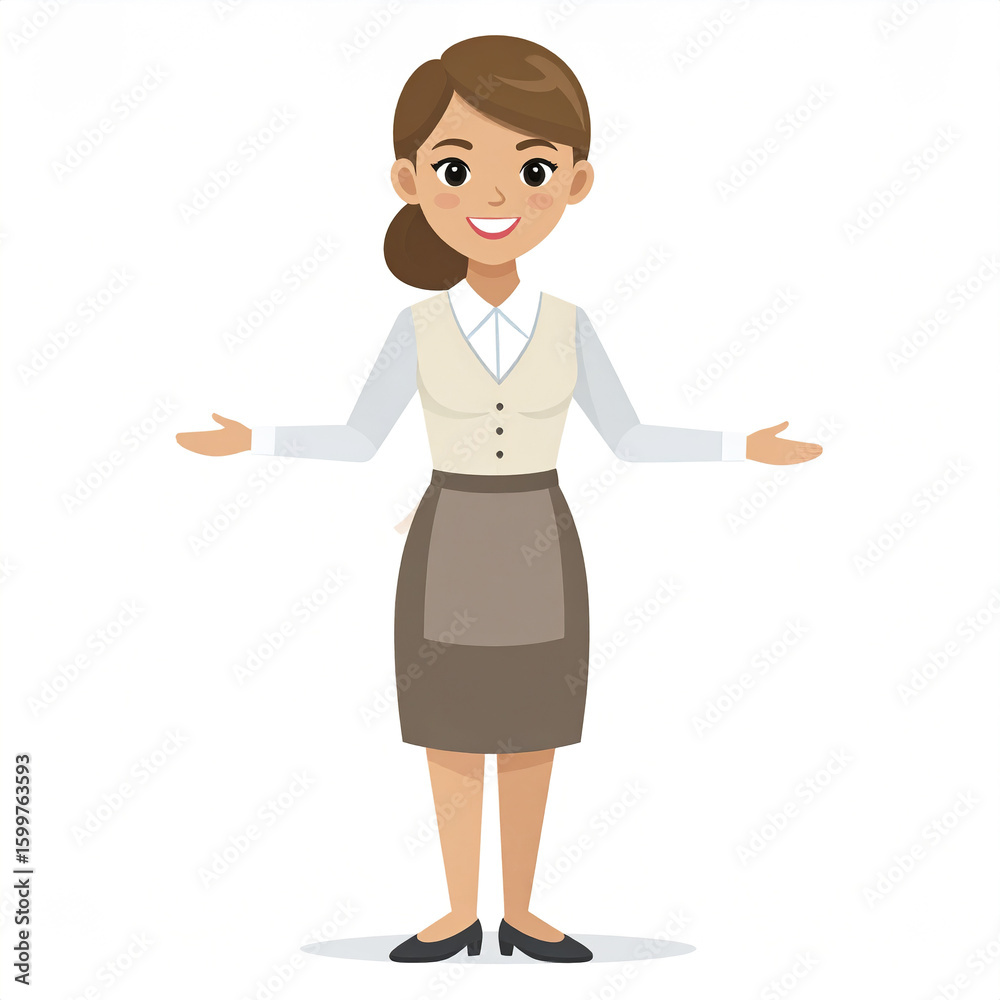 Smiling waitress character with brown hair in ponytail wearing white shirt and brown apron standing with open arms on white background Smiling waitress character with brown hair in ponytail wearing white shirt and brown apron standing with open arms on white background