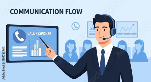 Professional Businessman Explaining Call Center Communication Flow Presentation