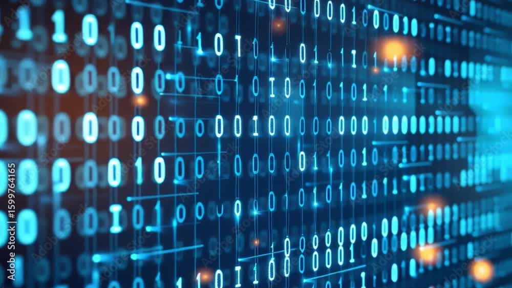 Binary code data stream with glowing blue digits and orange light spots creating dynamic futuristic digital technology atmosphere