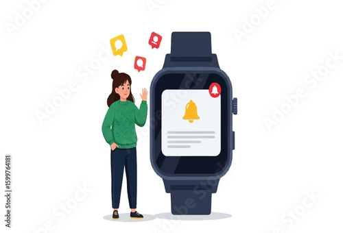 Woman with smart watch showing notification icon on white background