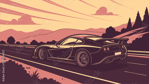 Illustration of a sleek black sports car speeding down a highway at sunset with mountains in view
