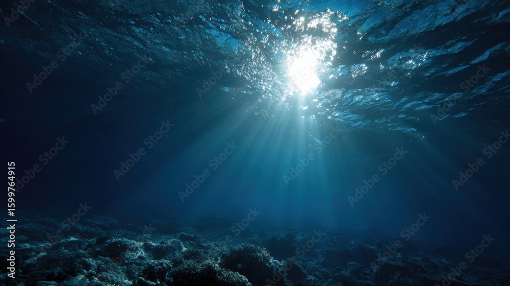 Fototapeta premium Light filters through the ocean's surface, creating rays that illuminate the seabed filled with coral. The vibrant underwater environment showcases marine life and natural beauty.