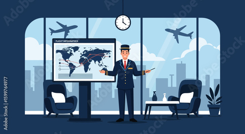 Flight Instructor Presenting Global Routes In Modern Training Facility
