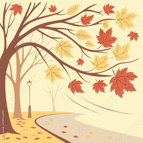 Autumn Path: A picturesque scene of an autumn path lined with trees and foliage, with fallen leaves scattered on the ground. The wind is sweeping through the trees.