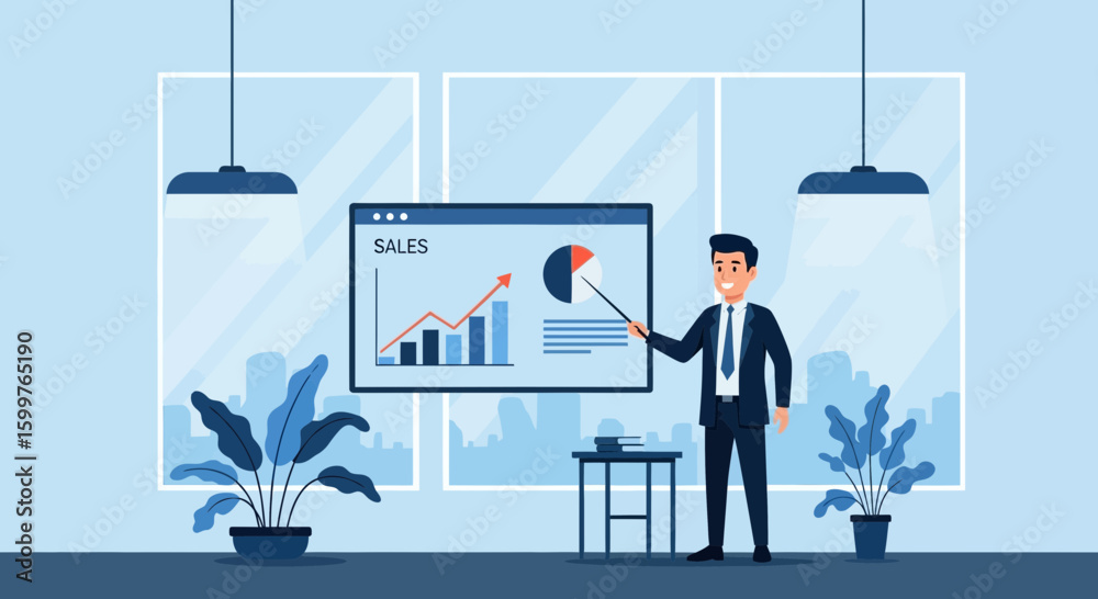 Obraz premium Professional Businessman Presenting Positive Financial Sales Chart In An Office