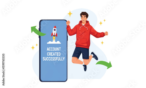 Man celebrating with account created successfully on smartphone app
