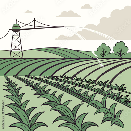 Irrigation Field: A geometric depiction of a field under the influence of an irrigation system, suggesting resource management and agricultural advancement.