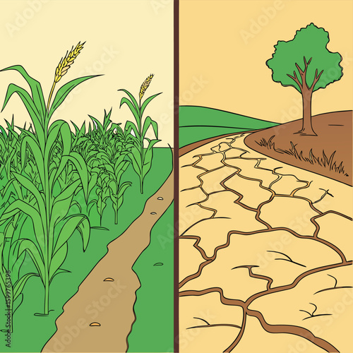 Comparison of lush land and arid: A visual contrast of flourishing agriculture versus a cracked, barren landscape. The image underscores environmental changes.