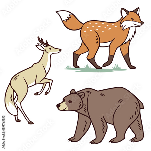 Forest Friends: A charming illustration showcases a trio of woodland animals: a leaping deer, a sly fox, and a sturdy bear.  