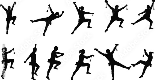 Silhouette of rock climbers in dynamic action poses, vector illustration, outdoor adventure, extreme sports, mountain climbing, isolated set