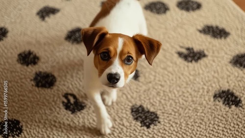Small brown and white puppy standing beige carpet with black paw prints, curious canine pet looking up indoors with adorable expression and small