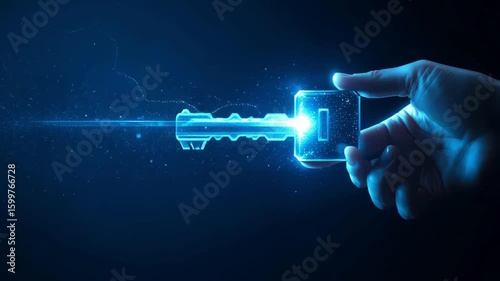 Digital key held by hand glowing with futuristic light effect, symbolizing security and advanced technology innovation in dark background