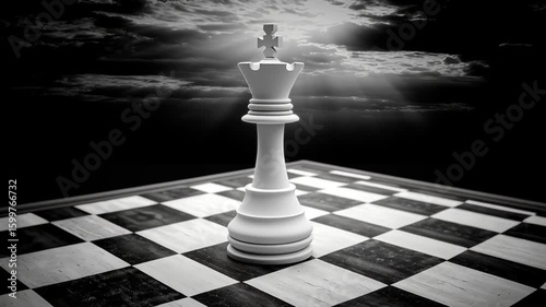 White chess king piece black and white chessboard with dramatic cloudy sky and sunlight rays shining through symbolizing chess game strategy