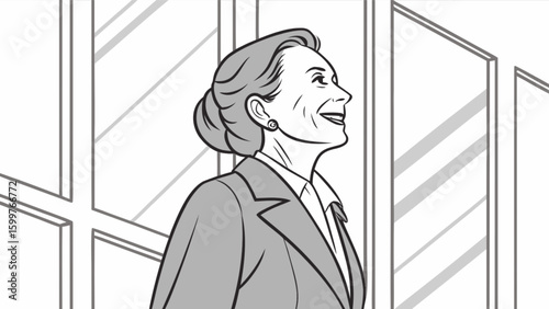 Illustration of a smiling older woman in a business suit looking up near large windows inside