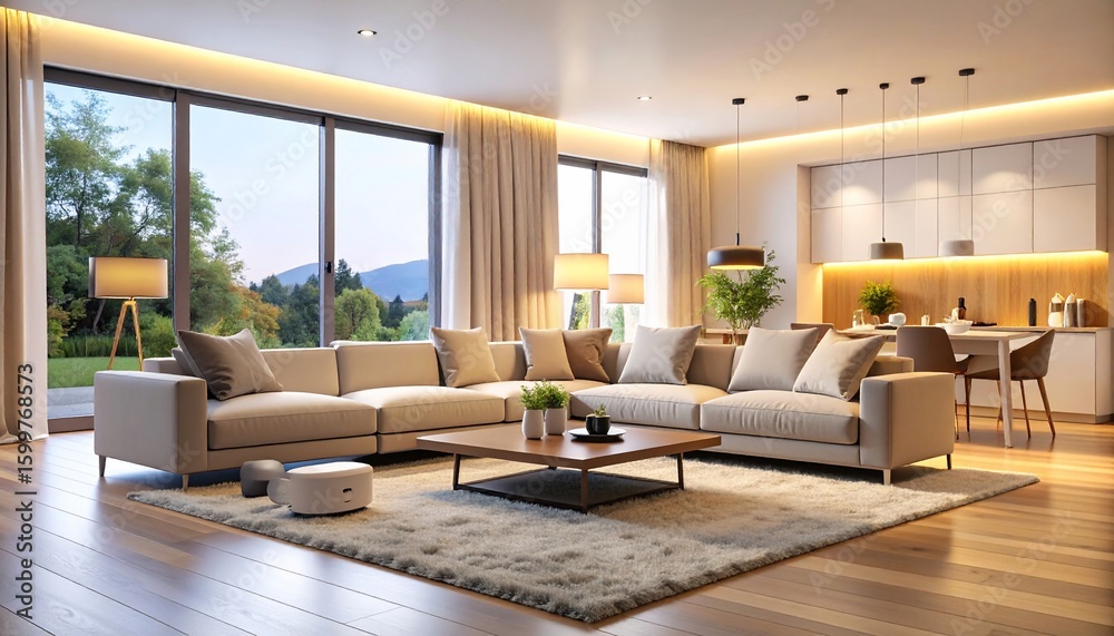 Fototapeta premium Modern Living Room Interior Design with Open Kitchen and Mountain View