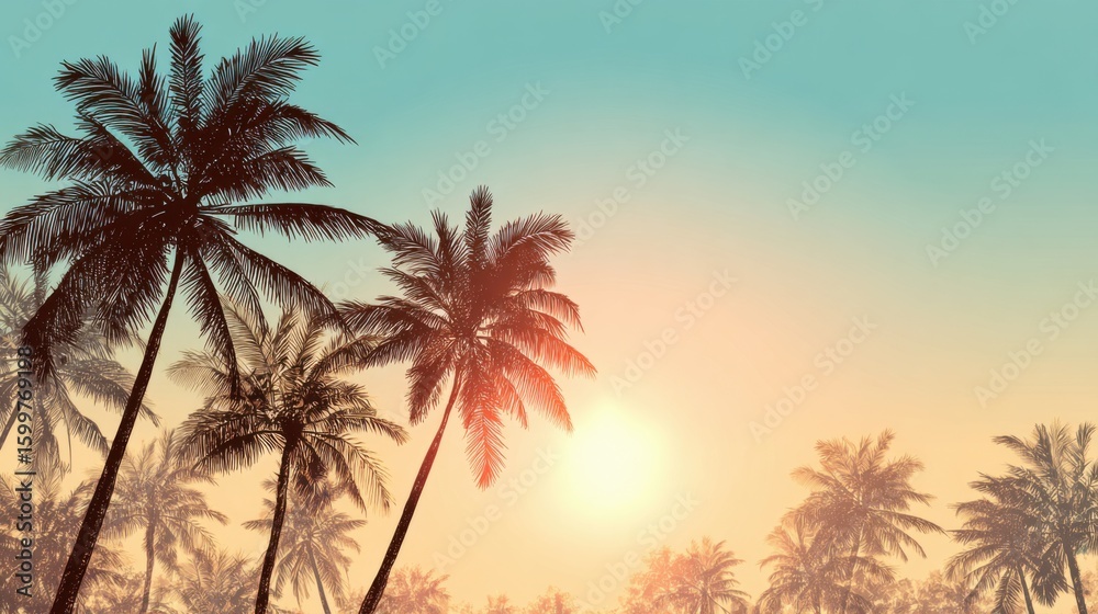 Naklejka premium Silhouettes of palm trees stand against a vibrant sunset sky, casting relaxing shadows over a tranquil beach. Warm hues blend to create a peaceful evening atmosphere.