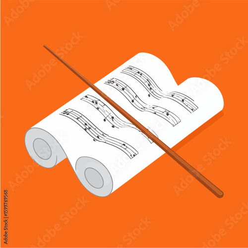 Illustration of a rolled music sheet with musical notes and a conductor's baton, isolated on a vibrant orange background, perfect for musical projects.