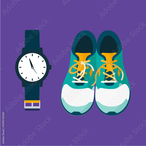 Sporty flat lay illustration featuring a wristwatch and running shoes on a violet background, depicting an active lifestyle and fitness routine concept.