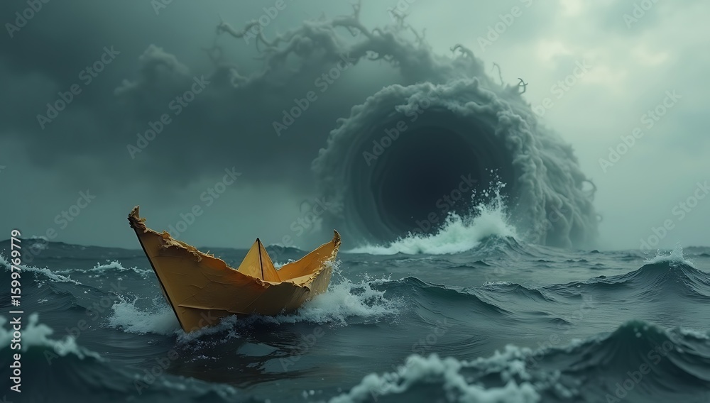 Obraz premium A paper boat made from a torn will drifting toward a whirlpool in a dark ocean under an overcast sky.