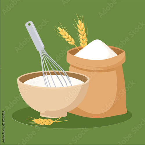 Baking ingredients illustration with a bag of flour and a bowl with whisk, ideal for culinary blogs or recipe designs, depicted on a green background.