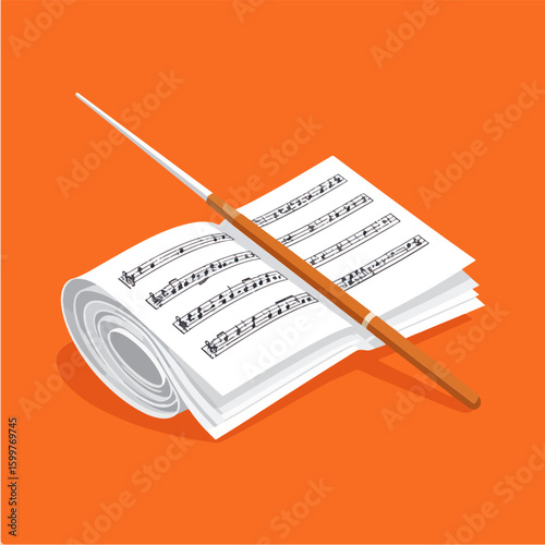 An orange-toned illustration featuring a conductor's baton resting on a stack of sheet music, conveying music composition and artistic symphony creation.