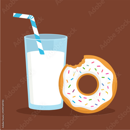 Vector illustration of a glass of milk with a blue striped straw and a donut with white frosting and colorful sprinkles on a brown background.