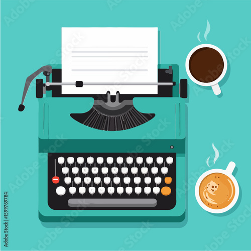 Vintage turquoise typewriter with white paper next to two cups of coffee, a flat lay design on an aqua background, capturing a writer's aesthetic.