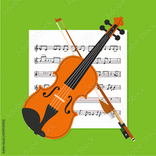 Stylized illustration of a violin and bow resting on sheet music against a green background, evoking the beauty of classical music.